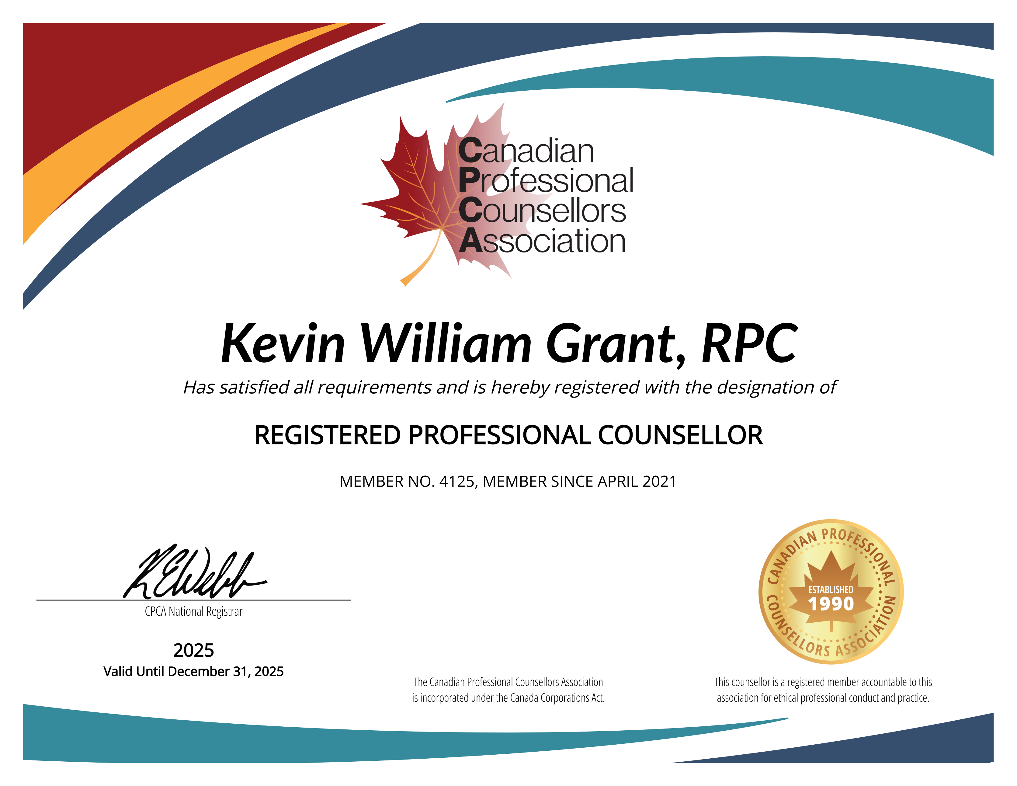 CPCA- Registered Professional Counsellor (RPC) Certificate- Registration ID: 4125