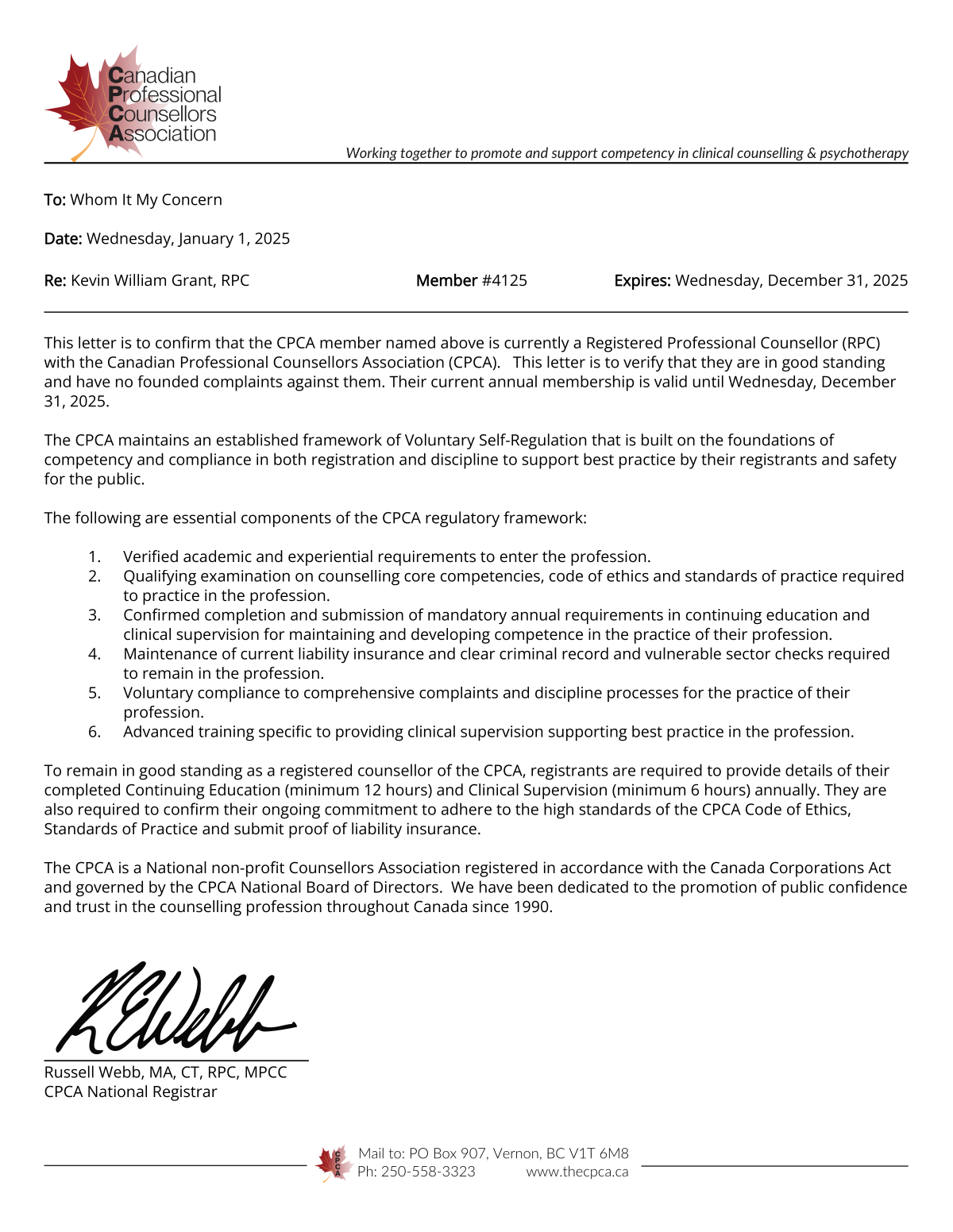 CPCA- Registered Professional Counsellor (RPC)  'In Good Standing' Letter- Registration ID: 4125